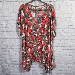 Attitudes Womens Asymmetrical Longer Length Short Sleeve Top Pink Butterfly 3X